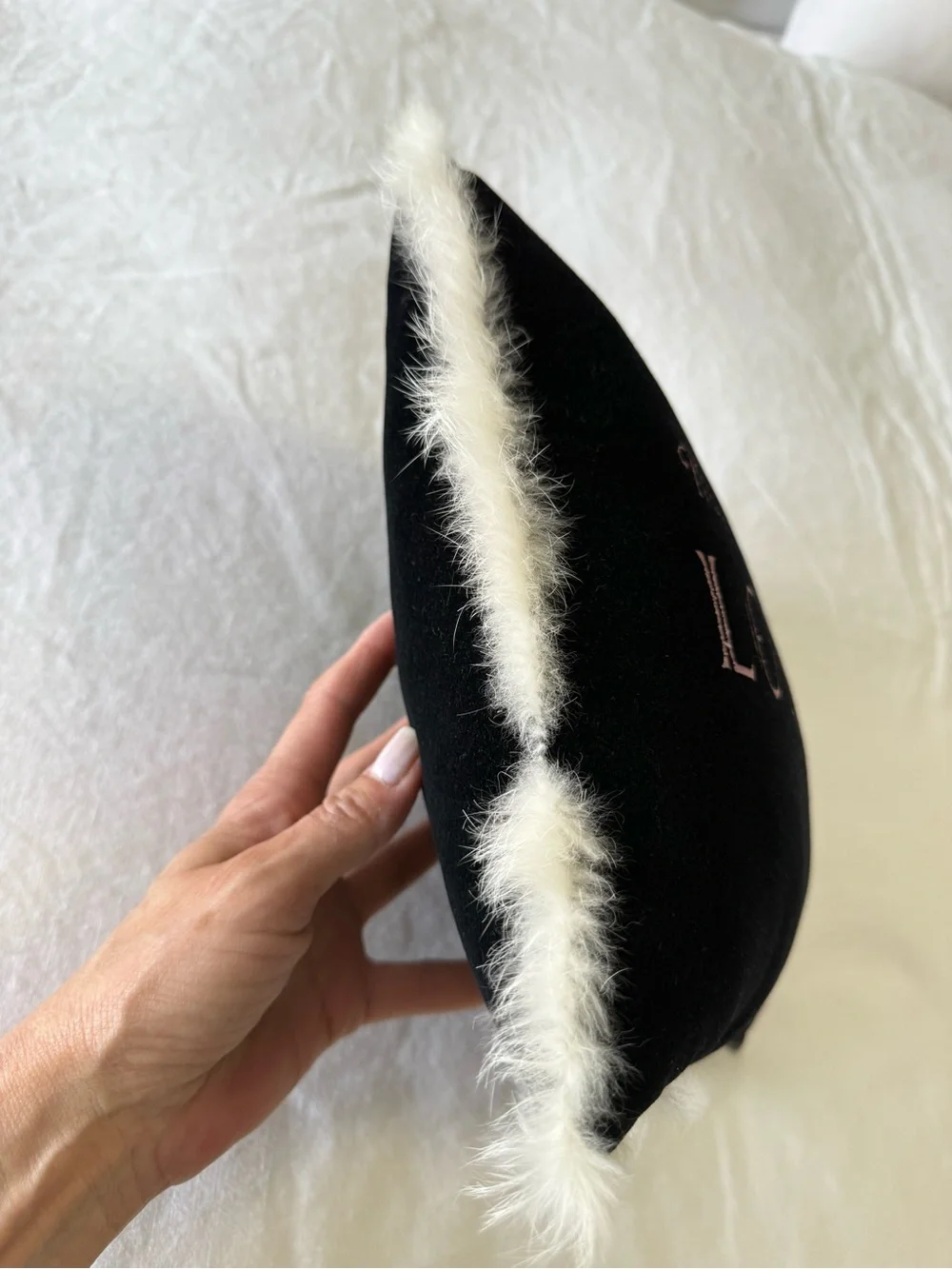 Black Velvet Faux Fur Trim Pillow | “My Other House Is In London” Embroidered